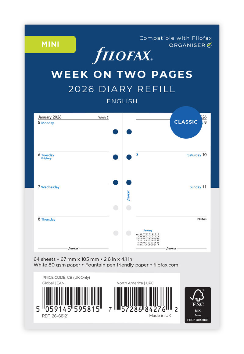 Filofax Dagbok Mini 2026 Vecka/Uppslag. Engelsk text